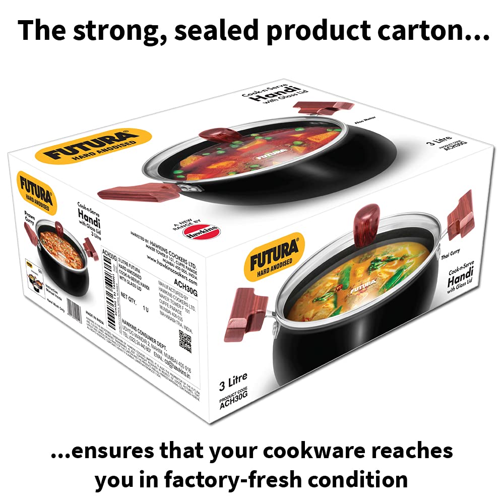  Hawkins Futura 3 Litre Cook N Serve Handi With Glass Lid Non-Stick Black (Ach30G) 2 Pcs 