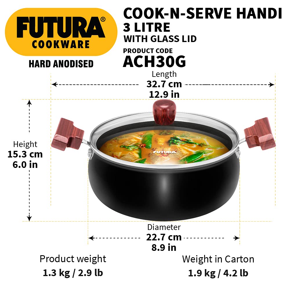  Hawkins Futura 3 Litre Cook N Serve Handi With Glass Lid Non-Stick Black (Ach30G) 2 Pcs 