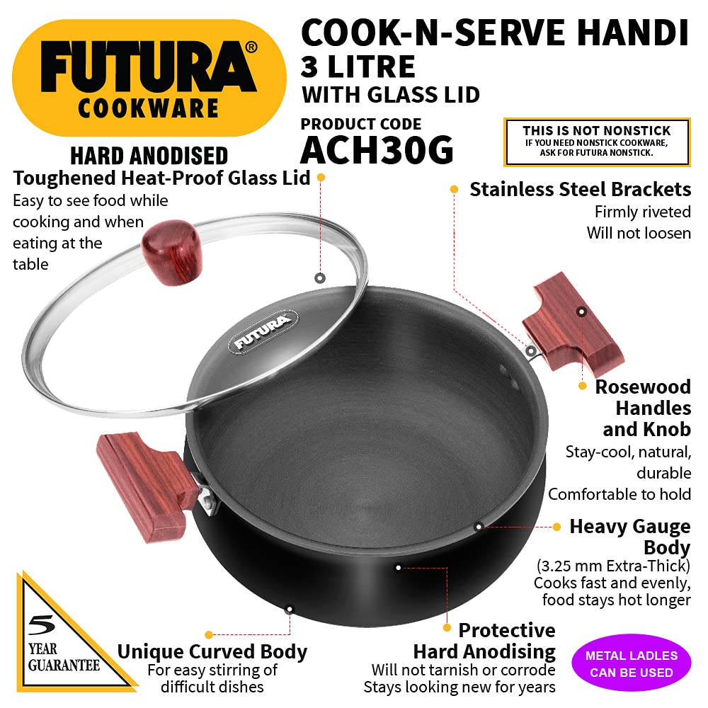  Hawkins Futura 3 Litre Cook N Serve Handi With Glass Lid Non-Stick Black (Ach30G) 2 Pcs 