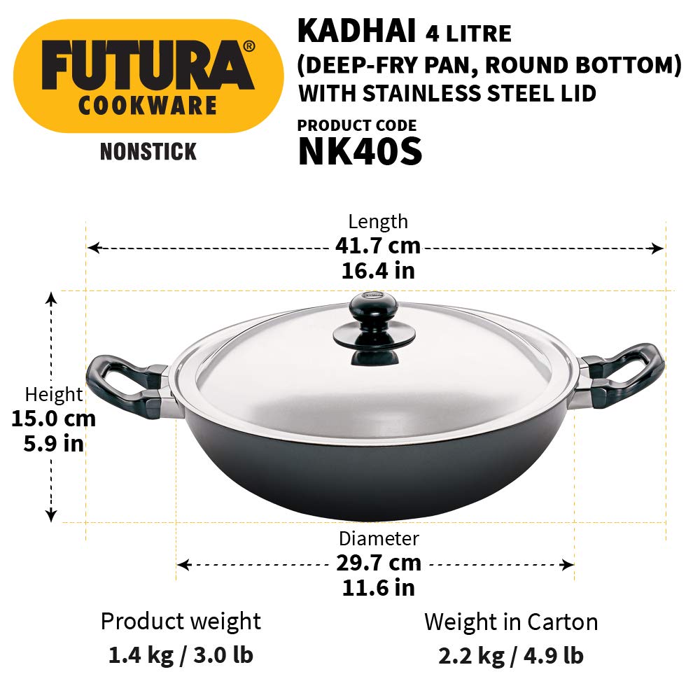 Hawkins Futura 5 Litre Deep Fry Pan , Hard Anodised Kadai with Stainless Steel 